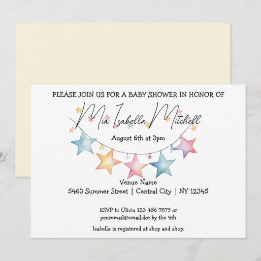 Waterverf Sterren Baby shower Invitation Kaart (Voorkant / Achterkant)
