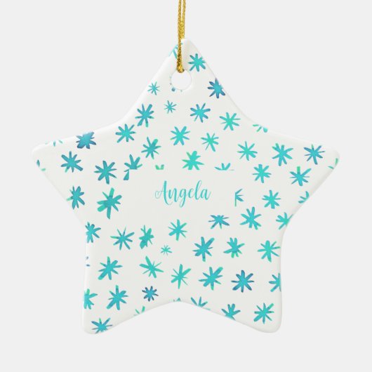 Waterverf sterren met naam - turquoise keramisch ornament (Voorkant)