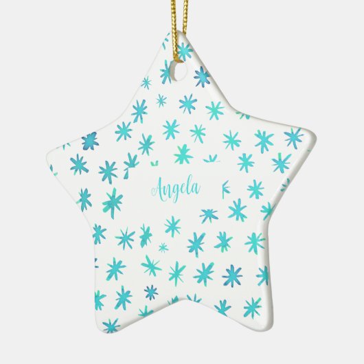 Waterverf sterren met naam - turquoise keramisch ornament (Links)