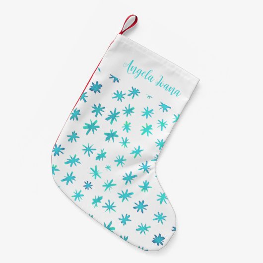 Waterverf sterren met naam - turquoise kleine kerstsok (Voorkant (Hangend))