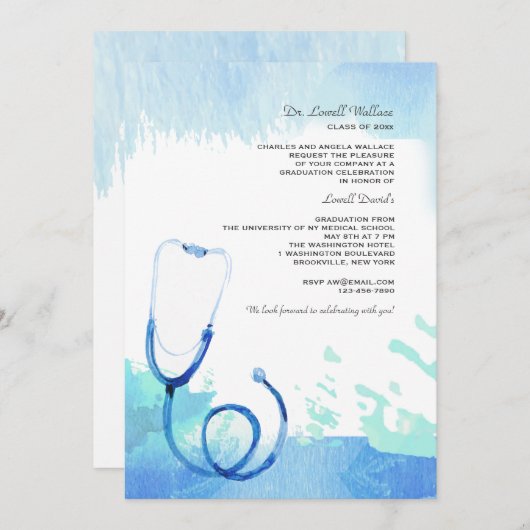 Waterverf Stethoscoopuitnodiging Kaart (Voorkant / Achterkant)