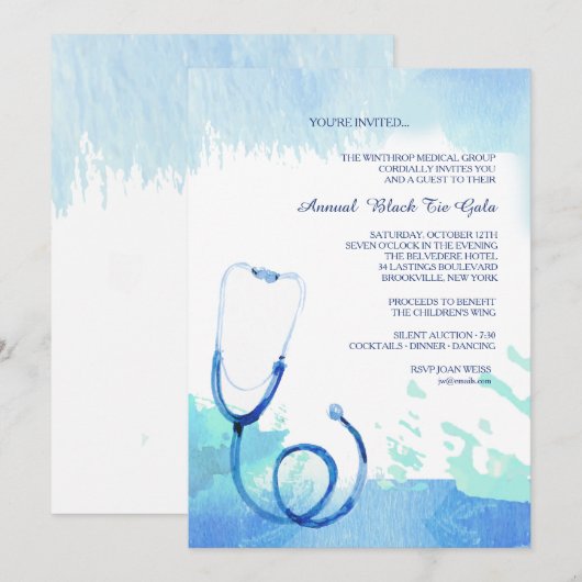 Waterverf Stethoscoopuitnodiging Kaart (Voorkant / Achterkant)