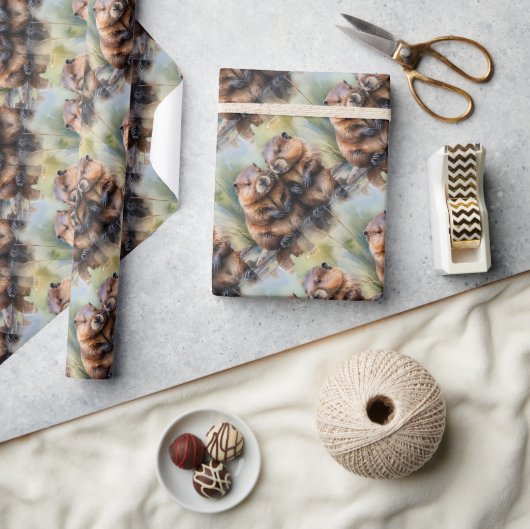 Waterverf stijl Bever paar dierlijke patroonkunst Cadeaupapier (Crafts)