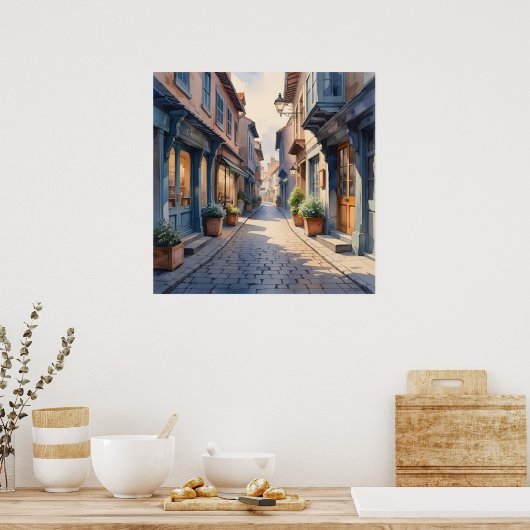 Waterverf stijl Cobblestone Shoppes Poster (Keuken)