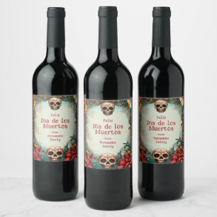 💀🎉Waterverf stijl Día de Muertos Party Wijn Etiket