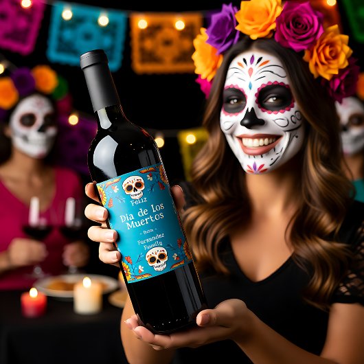 💀🎉Waterverf stijl Día de Muertos Party Wijn Etiket