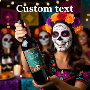 💀🎉Waterverf stijl Día de Muertos Party Wijn Etiket