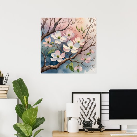 Waterverf stijl Dogwood Tree Poster (Thuiskantoor)