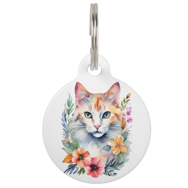 Waterverf Stijl Floral White Cat Huisdierpenning (Voorkant)