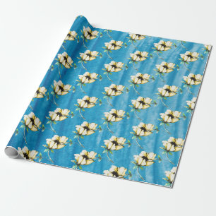 Waterverf Stijl Gele Bloemen & Blauw Cadeaupapier