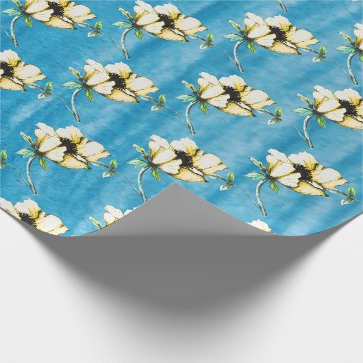  Waterverf Stijl Gele Bloemen & Blauw Cadeaupapier (Hoek)