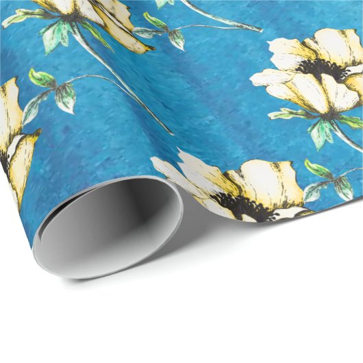  Waterverf Stijl Gele Bloemen & Blauw Cadeaupapier (Rol Hoek)