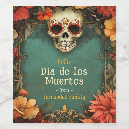 💀🎉 Waterverf stijl groen Día de Muertos Party Wijn Etiket (Enkel label)