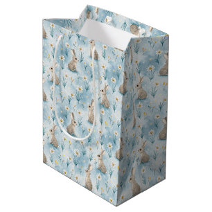 Waterverf stijl Konijn en Madeliefje Blauwe Baby Medium Cadeauzakje
