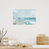 Waterverf stijl kustlandschap met vuurtoren poster (Keuken)