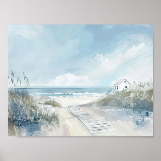 waterverf stijl strand landschap met strandhuis poster (Voorkant)