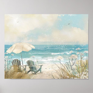 Waterverf stijl strand scène met witte stoelen poster