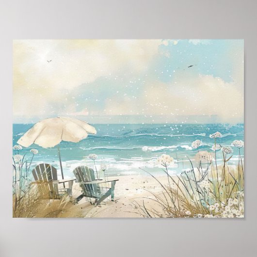 Waterverf stijl strand scène met witte stoelen poster (Voorkant)