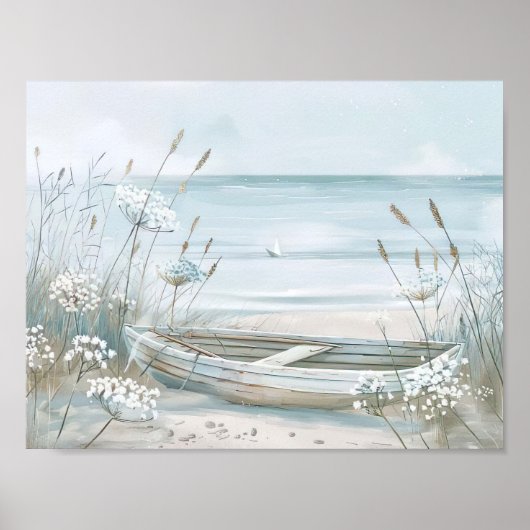 waterverf stijl witte boot op het strand poster (Voorkant)