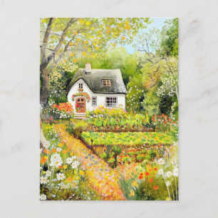 Waterverf stijl Witte Cottage Tuin Landschap Briefkaart