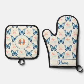 Waterverf Stijlvolle Blauwe Vlinders Monogram Ovenwant & Pannenlap Set