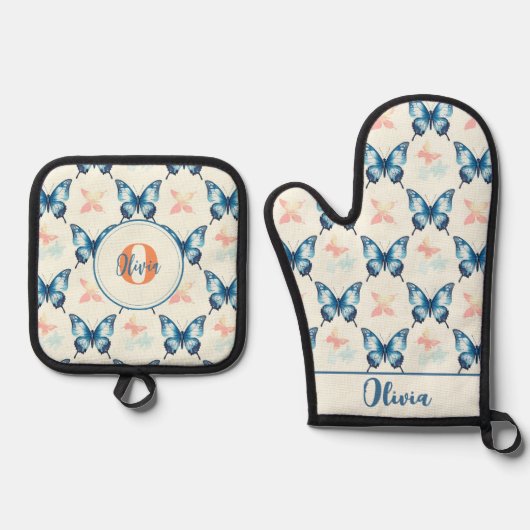 Waterverf Stijlvolle Blauwe Vlinders Monogram Ovenwant & Pannenlap Set (Voorkant)
