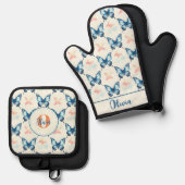 Waterverf Stijlvolle Blauwe Vlinders Monogram Ovenwant & Pannenlap Set (Voorkant / Achterkant)