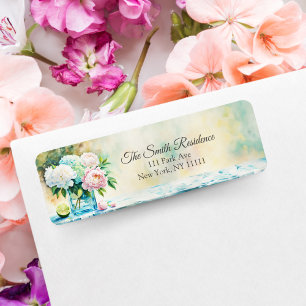 Waterverf Stilleven van pioenen en hortensia's Etiket