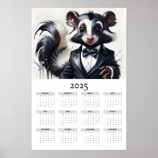 Waterverf stinkdier met Tuxedo 2025 wandkalender Poster (Voorkant)