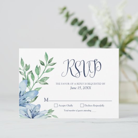 Waterverf Stof Blauw Marineblauwe Bloemen RSVP Kaartje (Staand voorkant)