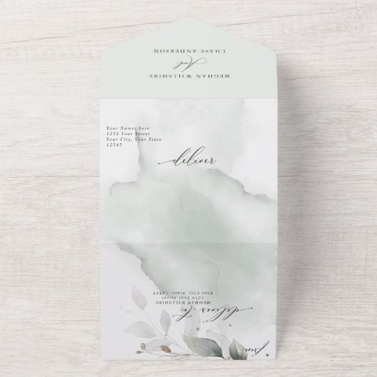 Waterverf Stof Groen Loof All In One Uitnodiging (Buitenkant)