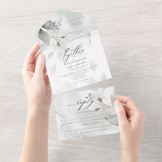 Waterverf Stof Groen Loof All In One Uitnodiging (Afscheurbaar)