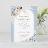 Waterverf Stofblauw Boho Bloemige Veer Bruiloft Kaart (Staand voorkant)