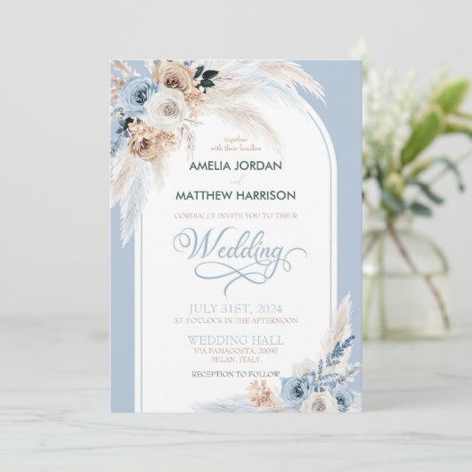 Waterverf Stofblauw Boho Bloemige Veer Bruiloft Kaart (Staand voorkant)