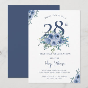 Waterverf Stofblauwe Bloem 28ste Chic Verjaardag Kaart