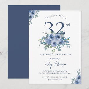 Waterverf Stofblauwe Bloem 32ste Verjaardag Chic Kaart