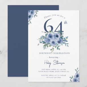 Waterverf Stofblauwe Bloem 64ste Chic Verjaardag Kaart