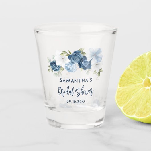 Waterverf Stofblauwe Bloemachtige Bruiloftsborrel Shot Glas (Voorkant)