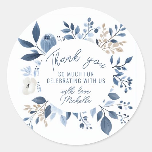 Waterverf Stofblauwe Bloemige Boho Bruidsdouche Ronde Sticker (Voorkant)