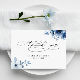 Waterverf Stofblauwe Bloemige Elegante Trouw Bedankkaart