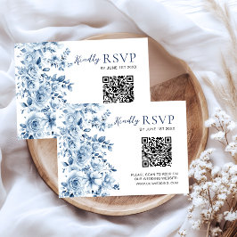 Waterverf Stofblauwe Bloemige Trouw-RSVP QR-code RSVP Kaartje