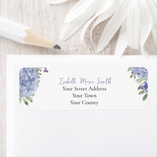 Waterverf Stofblauwe Hortensia Bloemen Bruiloft  Etiket (Insitu)