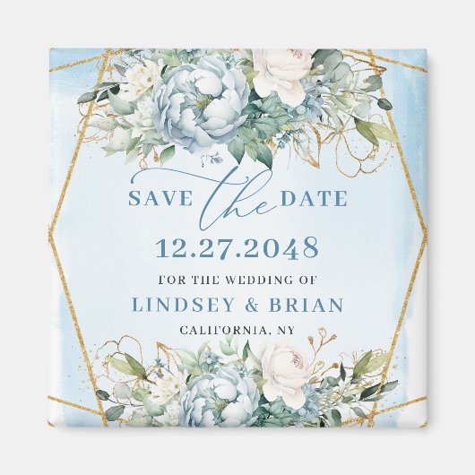Waterverf Stofblauwe Pioenrozen Goud Save The Date Magneet (Voorkant)