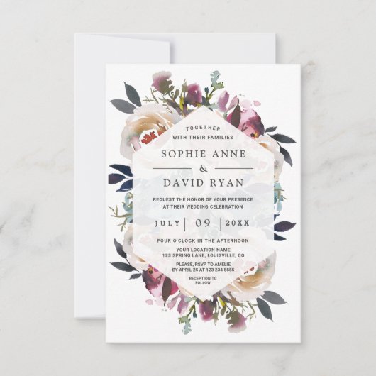 Waterverf Stofblauwe Roze Bloem Boeket Bruiloft Kaart (Voorkant)