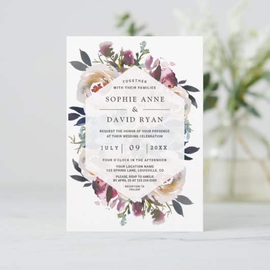 Waterverf Stofblauwe Roze Bloem Boeket Bruiloft Kaart (Staand voorkant)