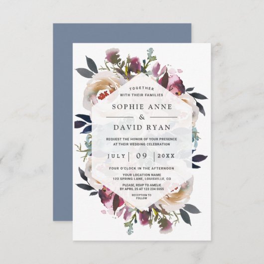 Waterverf Stofblauwe Roze Bloem Boeket Bruiloft Kaart (Voorkant / Achterkant)