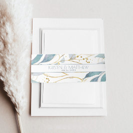 Waterverf Stoffig Blauw Bloemen Elegant Goud Bruil Uitnodigingen Wikkel