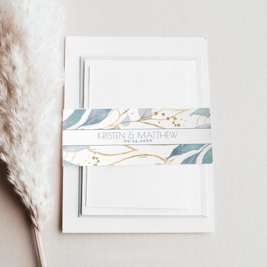 Waterverf Stoffig Blauw Bloemen Elegant Goud Bruil Uitnodigingen Wikkel