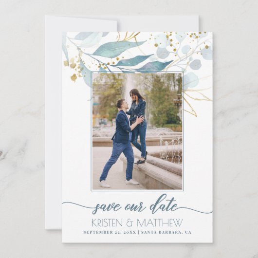 Waterverf Stoffig Blauw Bloemen Elegante Foto Brui Save The Date (Voorkant)