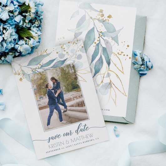 Waterverf Stoffig Blauw Bloemen Elegante Foto Brui Save The Date